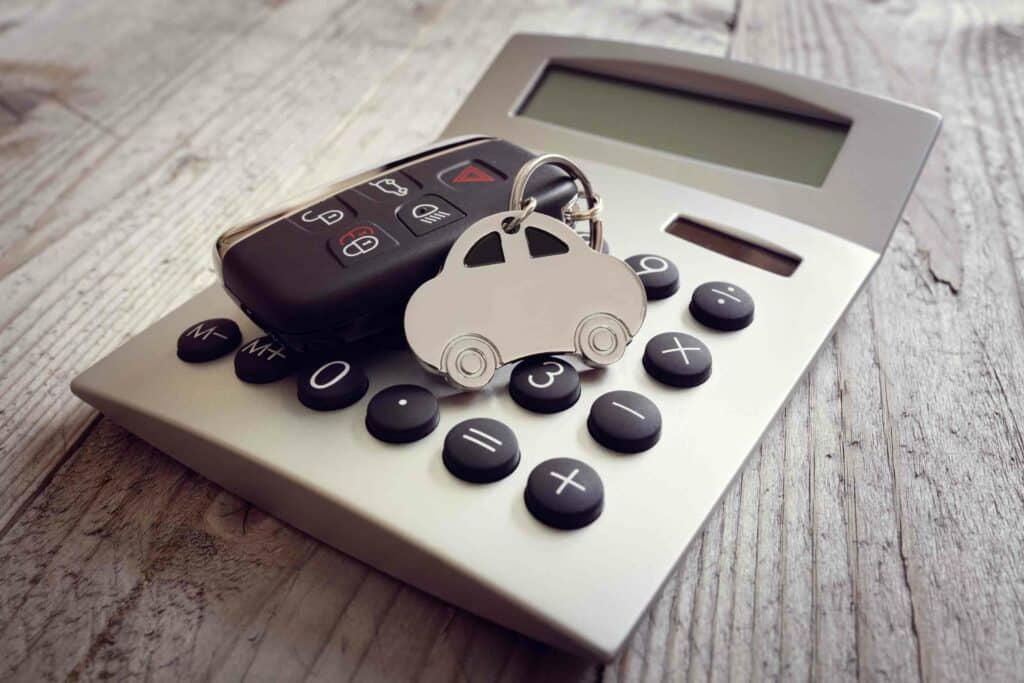 calculator with car keys sitting on top