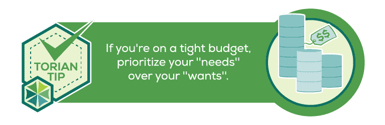 Green box with a Torian Tip that says to prioritize your needs over your wants when on a tight budget