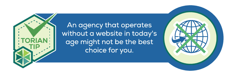 Blue Torian Tip box that says an agency that operates without a website in todays age might not be a good choice