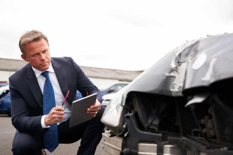 Male Insurance Loss Adjuster With Digital Tablet Inspecting Damage To Insurance agent assessing a car after an accident