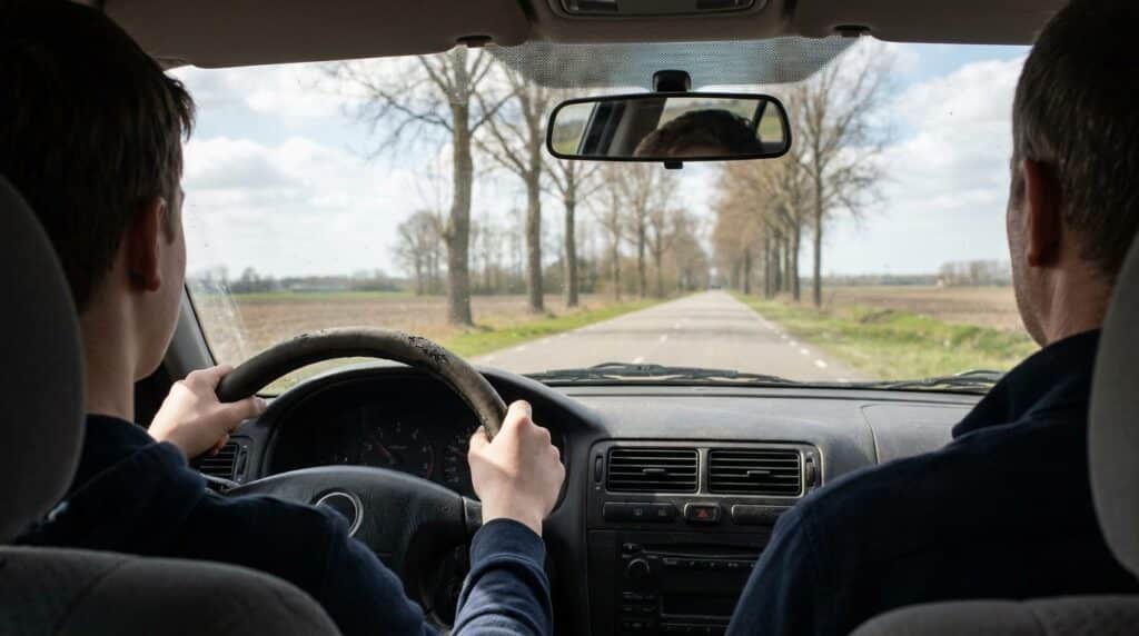 Teen driver taking driving lessons on a rural road, preparing to add a driver to insurance.