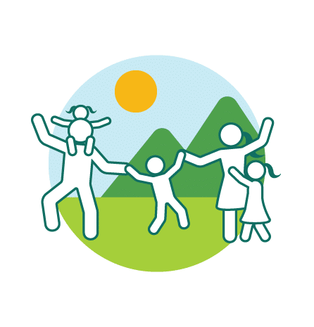 A stylized illustration depicting a happy family holding hands in a green outdoor setting, with two adults and two children under a sunny sky and mountains in the background. The image conveys the idea of protection and security, associated with whole life insurance with Torian Insurance.