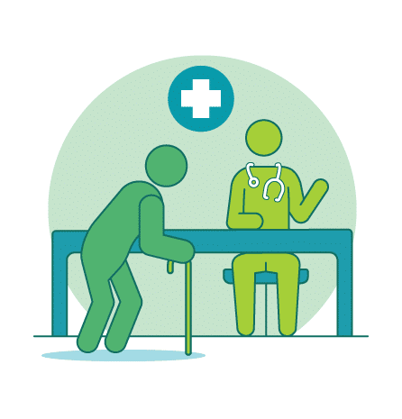 A stylized illustration featuring a senior individual using a cane, consulting with a healthcare professional across a desk. The healthcare professional is depicted with a stethoscope around their neck, and a medical cross symbol is visible in the background. The image conveys the idea of healthcare support and assistance, related to Medicare supplement insurance by Torian Insurance.
