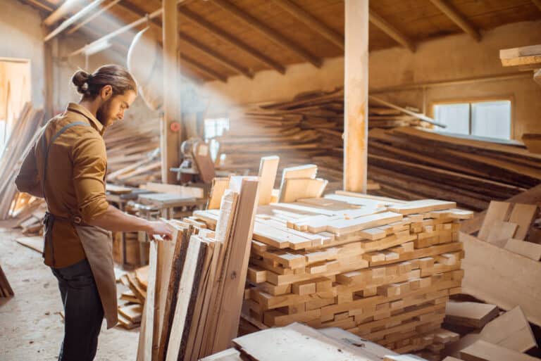A skilled contractor examines wooden planks in a well-lit woodworking shop filled with stacks of lumber. This image highlights the importance of carpenter insurance for professionals working in construction and woodworking environments, ensuring protection against potential risks and liabilities.