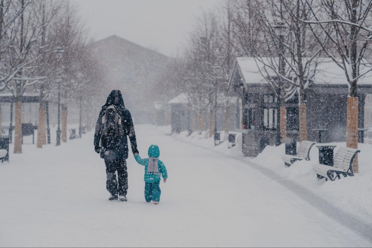Family enjoying a snowy walk in a winter wonderland.
