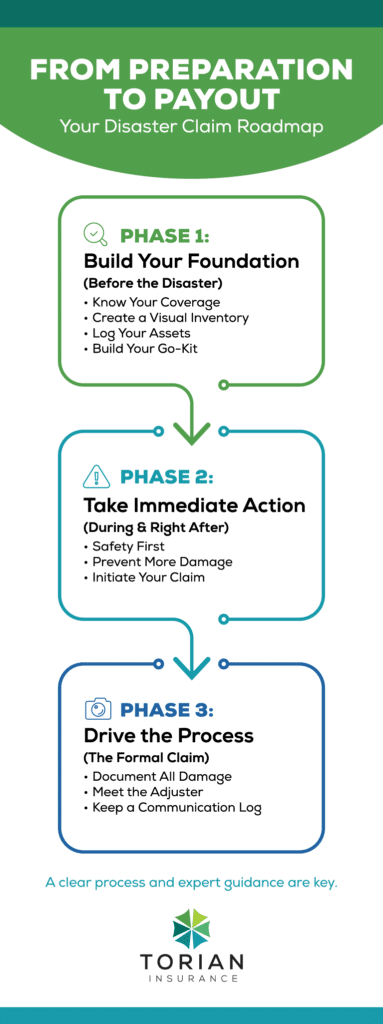 Disaster claim roadmap outlining preparation and actions for insurance claims.