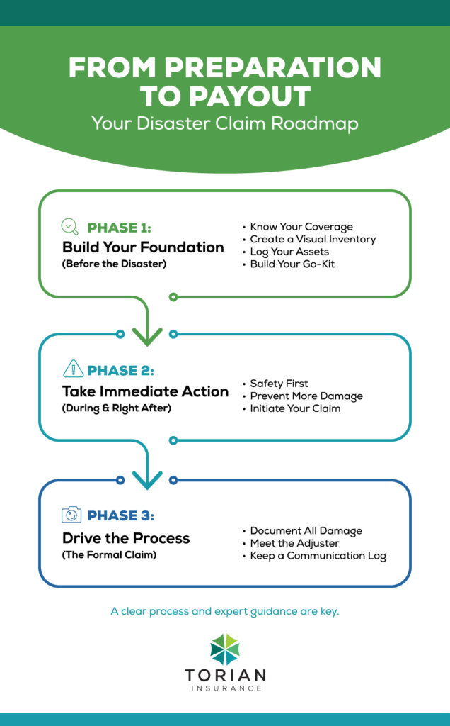 Disaster claim roadmap for preparation, immediate action, and formal claim processes.