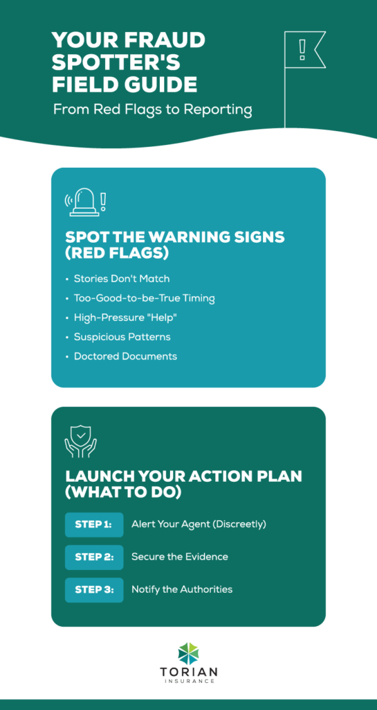Fraud detection guide highlights warning signs and action steps for reporting.
