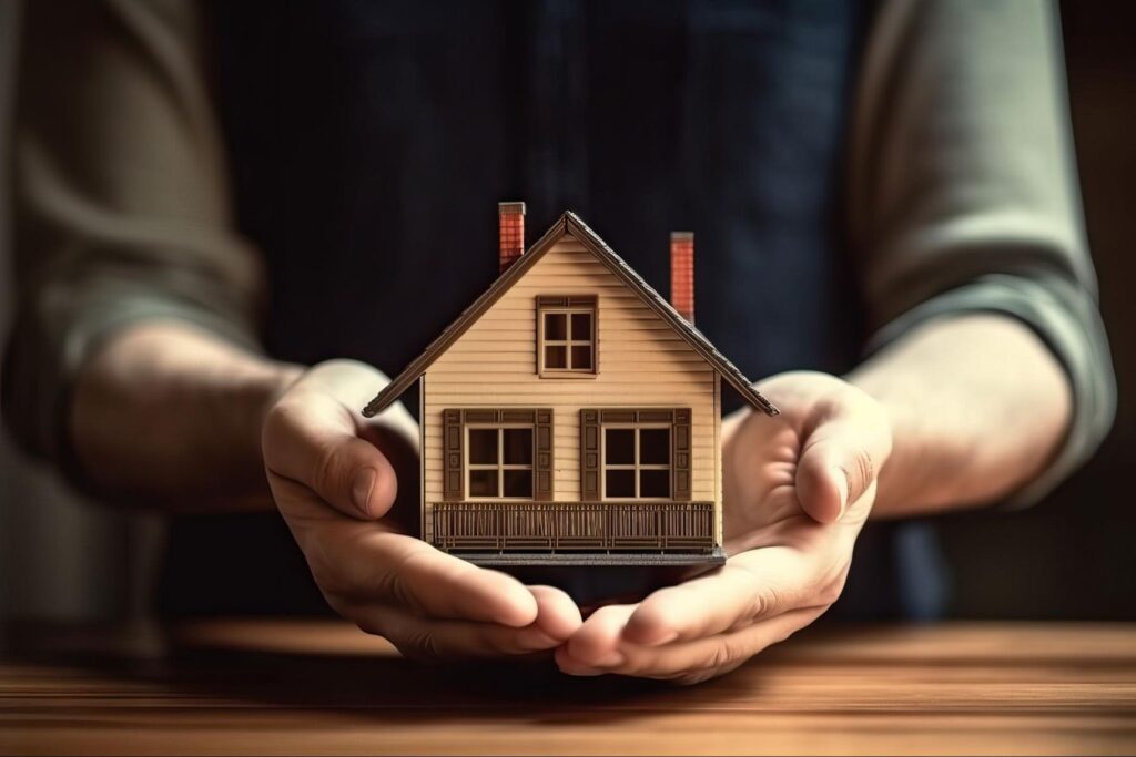 A person holds a miniature house, symbolizing home ownership and real estate investment.
