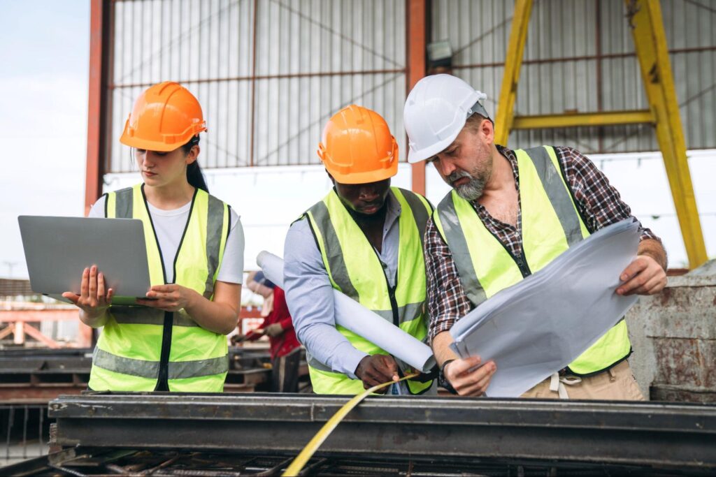 Construction workers collaborating on project plans in a safety-conscious environment.