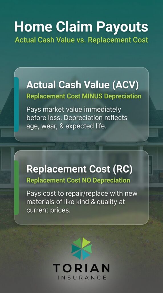 Home claim payouts comparison: Actual Cash Value versus Replacement Cost explained.