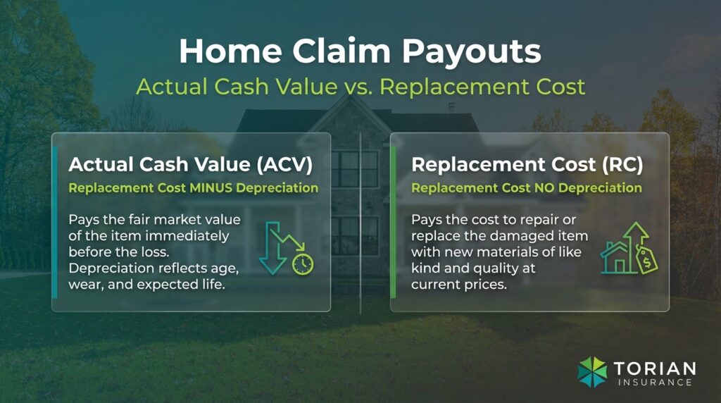 Home claim payouts explained: Actual Cash Value vs. Replacement Cost insurance options.