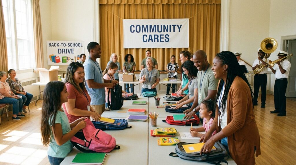 Volunteers distribute school supplies at a community back-to-school event.
