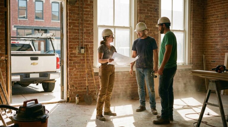 Construction team discussing project plans in a vibrant, renovated workspace.