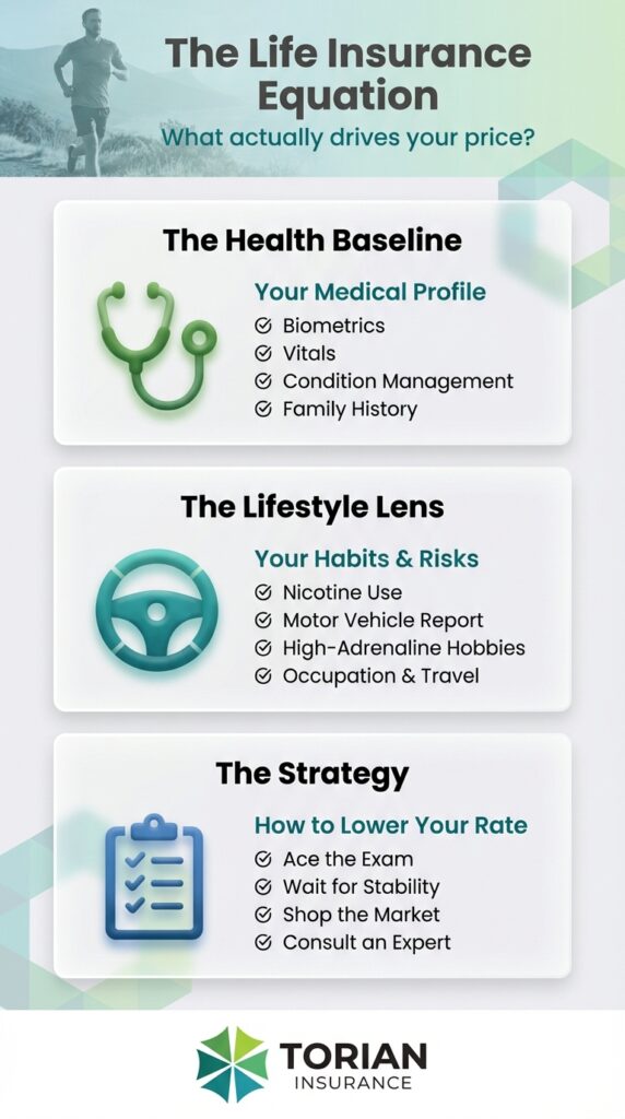 Life insurance strategies focusing on health baseline and lifestyle factors for better rates.