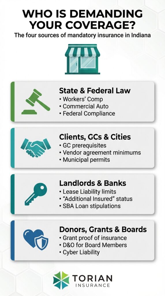 Mandatory insurance sources in Indiana: state law, clients, landlords, and donors.