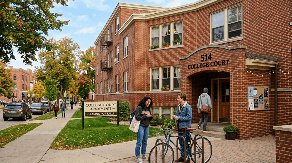 Students enjoy autumn at College Court Apartments, embracing campus community and student life.