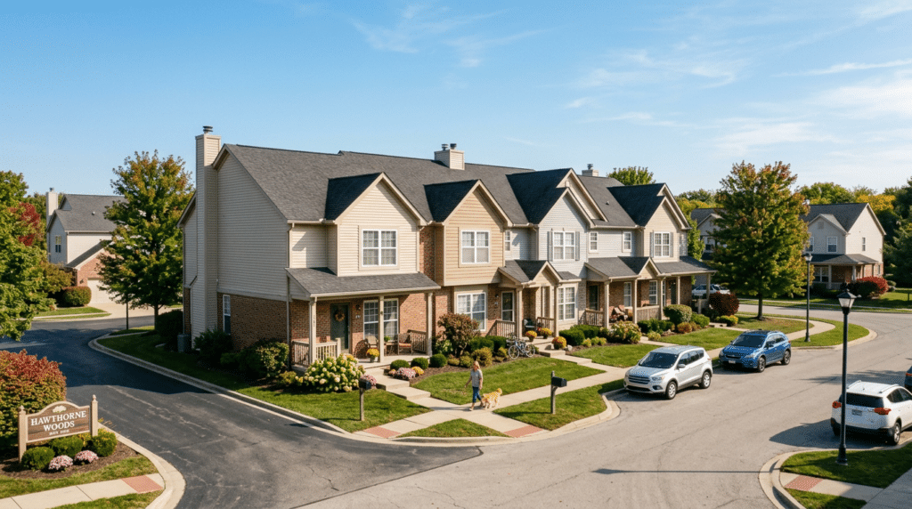 Charming homes in a sunny neighborhood with blue skies and well-kept gardens.