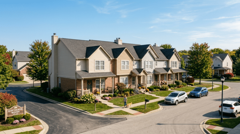 Charming homes in a sunny neighborhood with blue skies and well-kept gardens.