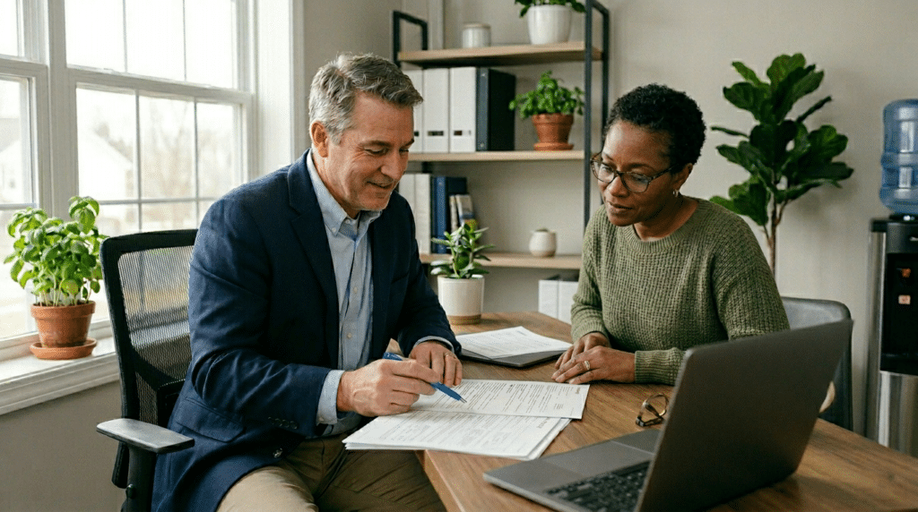 Professionals collaborating on documents in a modern office environment.