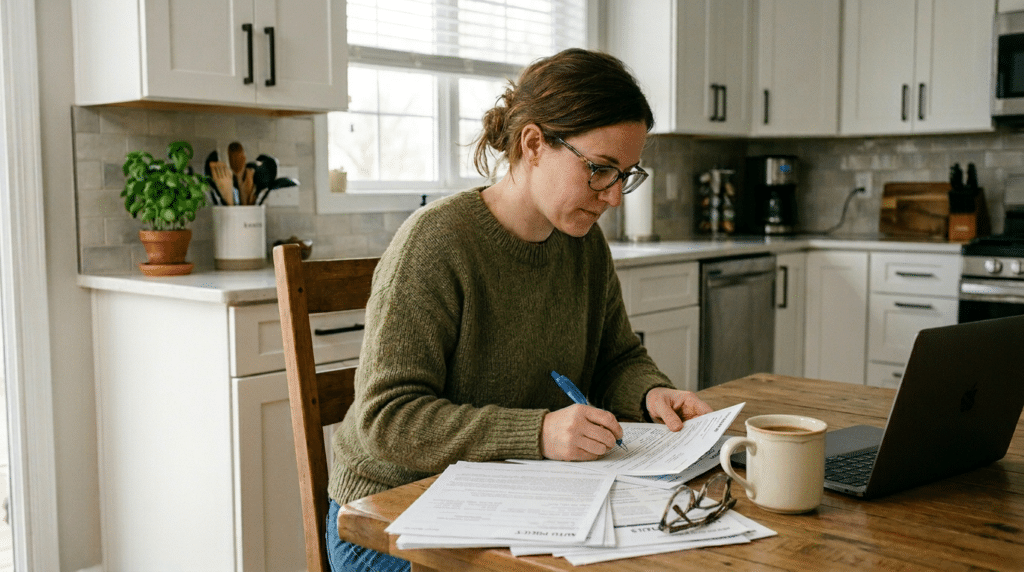Woman focused on work tasks at home in a stylish kitchen.