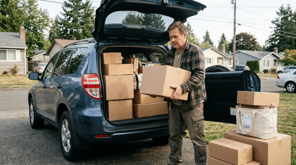 Man unloading boxes for a home-based business in a residential neighborhood.
