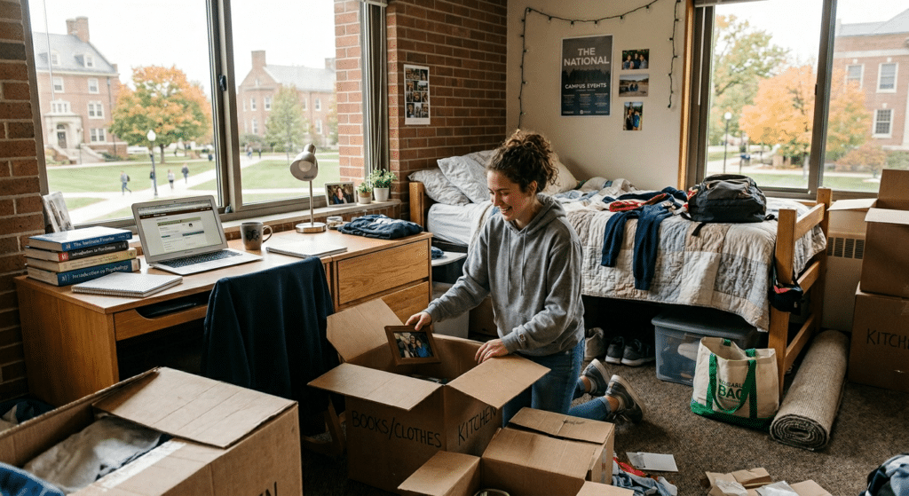 Student organizing boxes in a cozy, cluttered college dorm room.