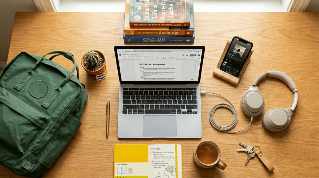 Stylish study setup with laptop, books, headphones, coffee, and essentials for focus.