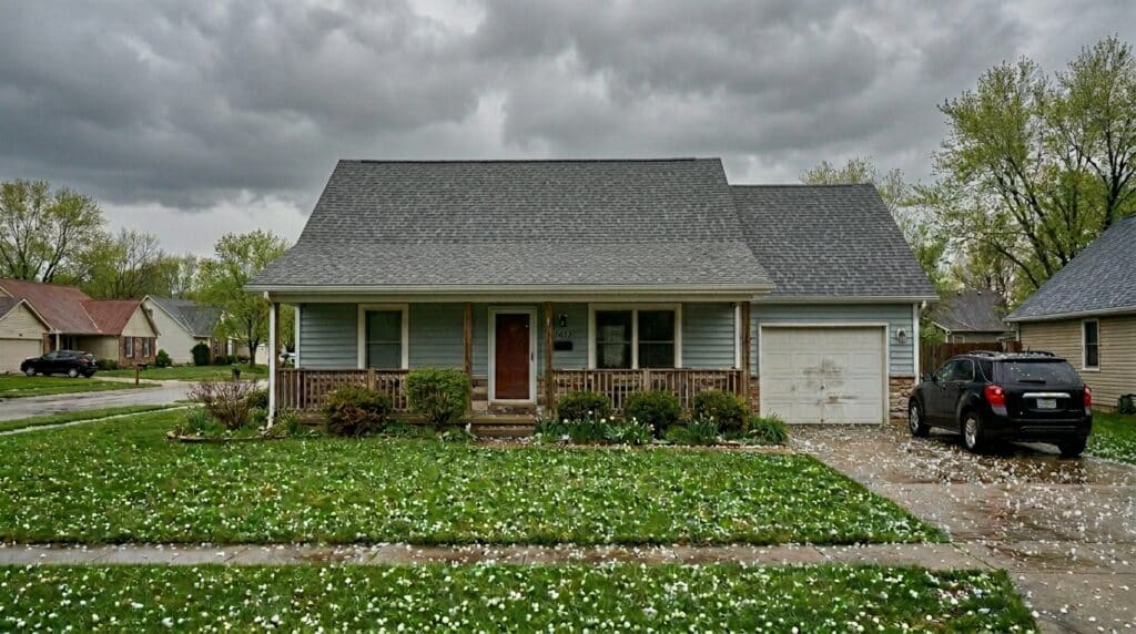 Charming suburban home with a lush yard under dramatic, moody skies.