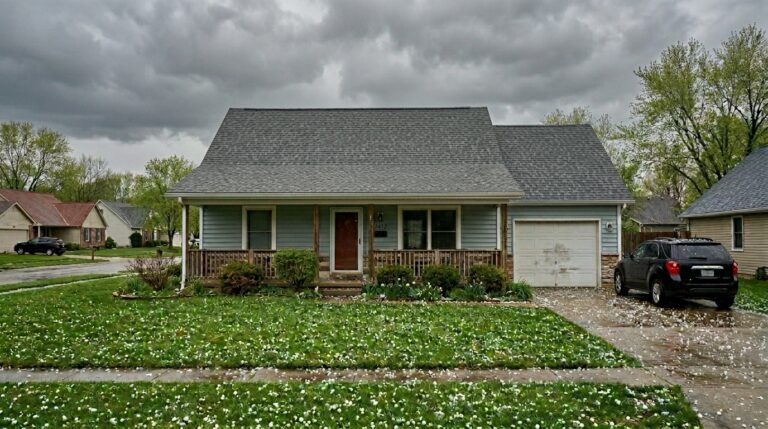 Charming suburban home with a lush yard under dramatic, moody skies.