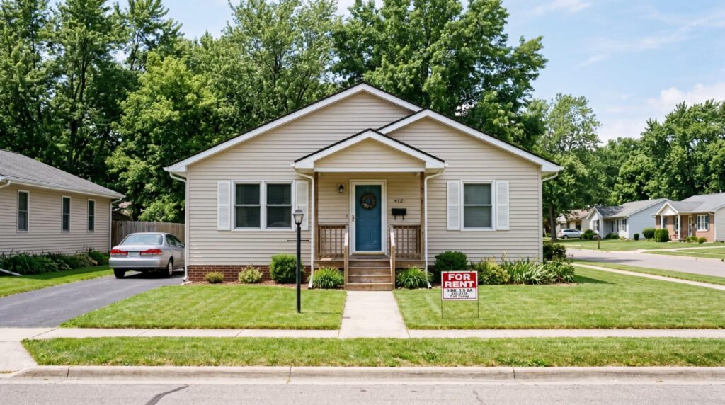 Charming rental home with inviting porch and beautiful yard in a peaceful neighborhood.