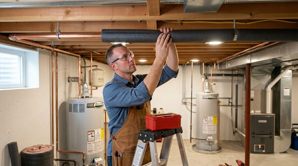 A worker installs plumbing pipes in a basement for effective home repairs.