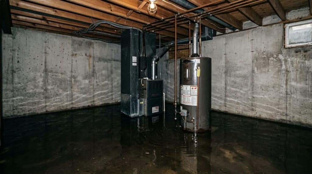 Flooded basement with water heaters, highlighting water damage risks and potential issues.