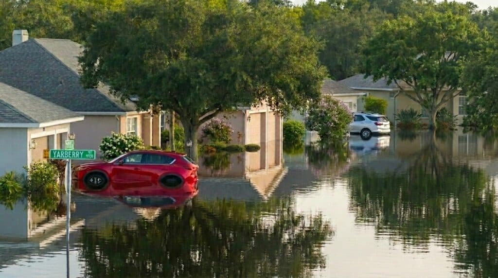 Residential area flooded with submerged cars and high water levels.