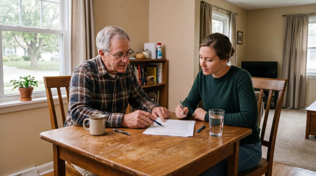 Landlord and tenant negotiating lease terms at a wooden table in a sunny room.