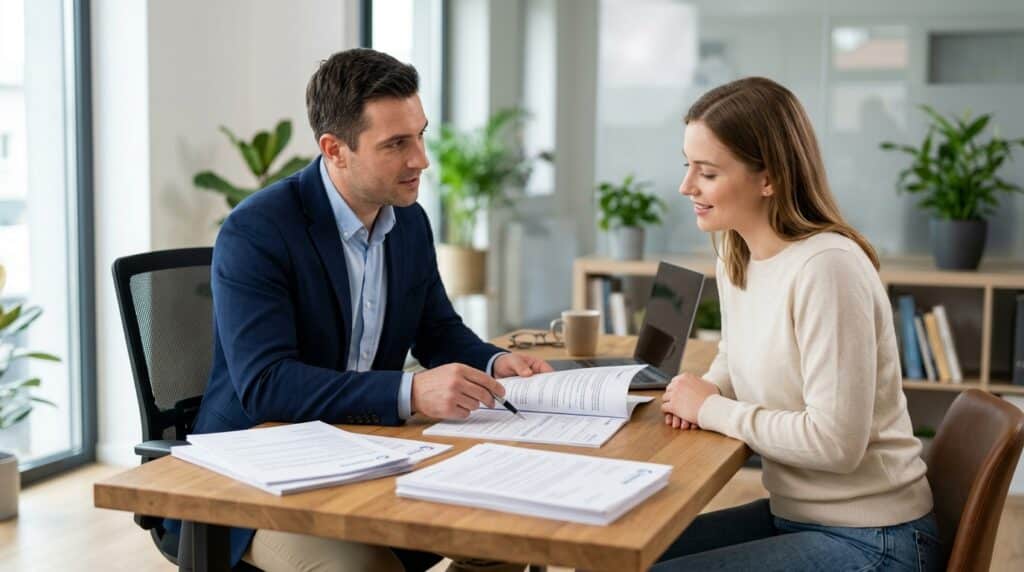 Business consultation in a modern office with documents and engaged discussion.