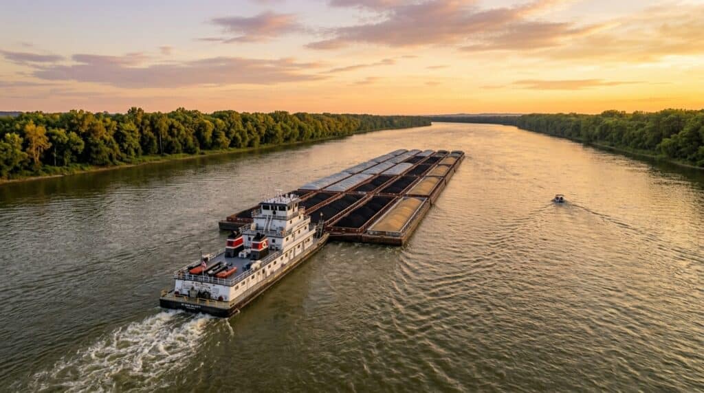 Barge navigating the Ohio River at sunset, highlighting tranquil waters and scenic beauty.