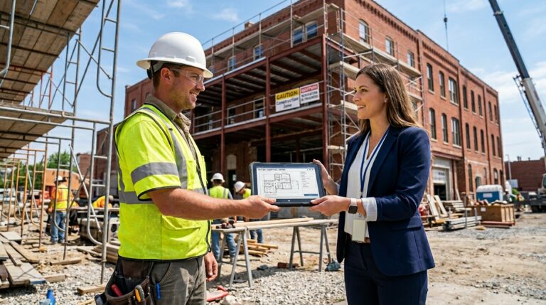 Construction manager and worker reviewing project plans together on-site with a laptop.