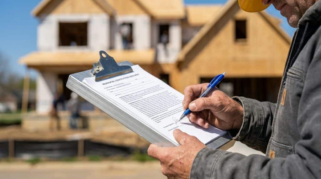 Construction inspector reviews checklist on site with new building in background.