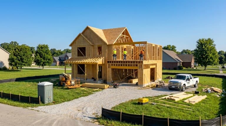 Wooden home construction in progress under bright blue skies with workers on site.