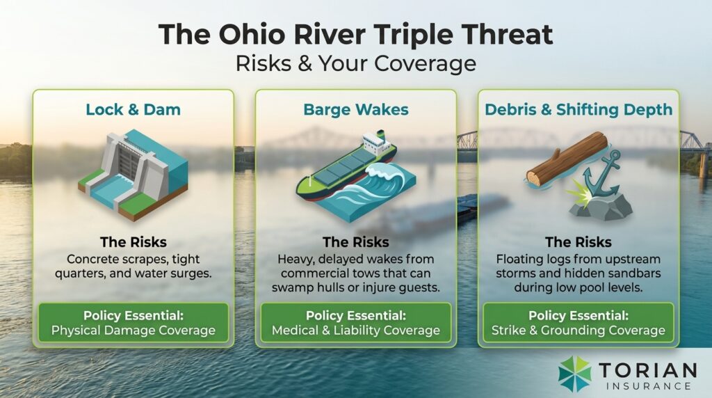 Ohio River lock and dam risks include water surges and concrete scrape hazards.