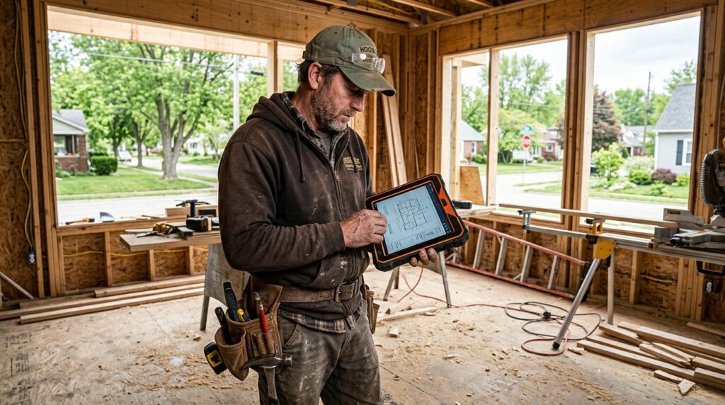 Builder using a tablet to plan construction projects in a framed space.