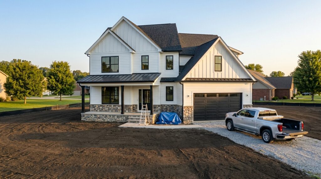 Charming modern farmhouse with spacious yard and parked truck.
