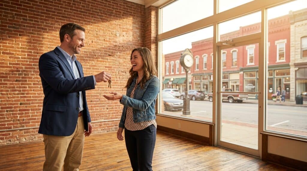 New retail tenants receive keys to a vibrant storefront in a lively community.