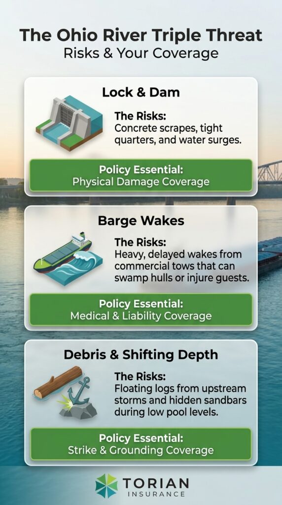 Ohio River risks: Lock, dam, barge wakes, and debris coverage essentials for safety.