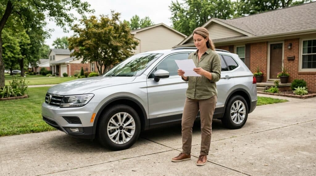 Woman comparing auto insurance options next to her silver SUV in a neighborhood.