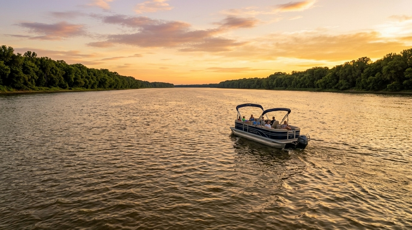 Pontoon boat enjoying a peaceful sunset on the Ohio River.