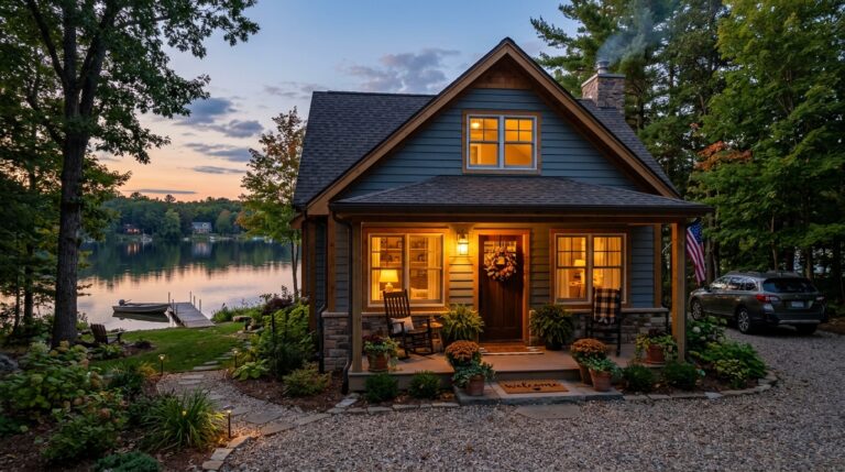 Cozy lakefront cabin glowing at sunset, surrounded by serene nature and beautiful landscaping.