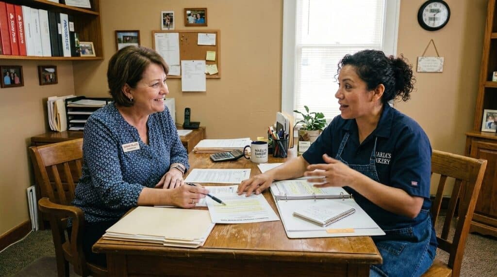 Women discussing ideas and collaborating at a desk in a modern office setting.