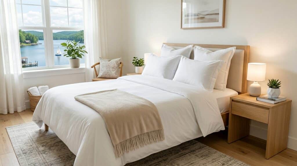 Modern lakeside bedroom ideal for relaxation and tranquil views.